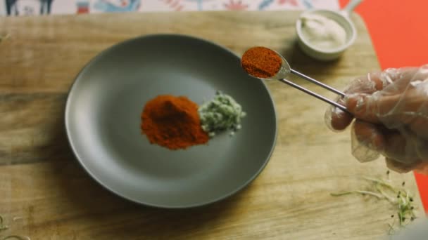 Add Tablespoon Chili Powder Plate Mix Many Ingredients — Stock Video