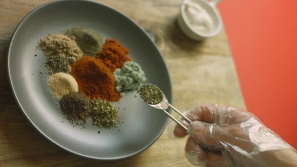Add Tablespoon Dried Basil Plate Mix Many Spices — Stock Video