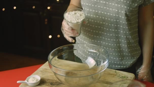 Put Glass Flour Clear Bowl — Stock Video