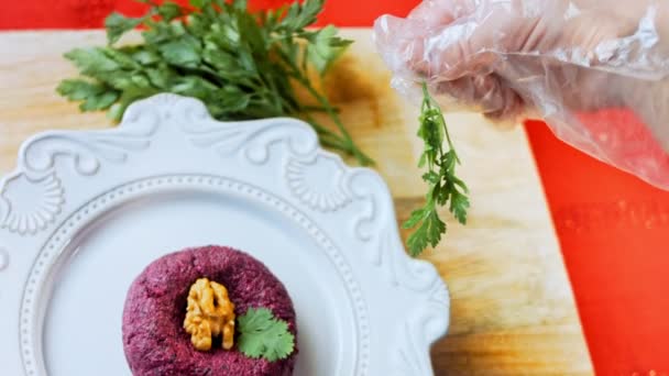 Pkhali Traditional Georgian Food Beetroot Used Purple Color Walnut Used — Stock Video