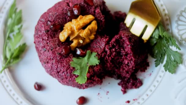 Pkhali Traditional Georgian Food Beetroot Used Purple Color Walnut Used — Stock Video