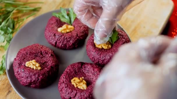 Pkhali Traditional Georgian Food Beetroot Used Purple Color Walnut Used — Stock Video