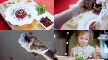 Ekran dört videoya bölündü: Pkhali geleneksel Gürcü yemekleri. Mor renk için pancar kullanılır. Ceviz süsleme için kullanılır..