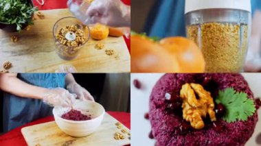 Ekran dört videoya bölündü: Pkhali geleneksel Gürcü yemekleri. Mor renk için pancar kullanılır. Ceviz süsleme için kullanılır..