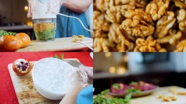 Ekran dört videoya bölündü: Pkhali geleneksel Gürcü yemekleri. Mor renk için pancar kullanılır. Ceviz süsleme için kullanılır..