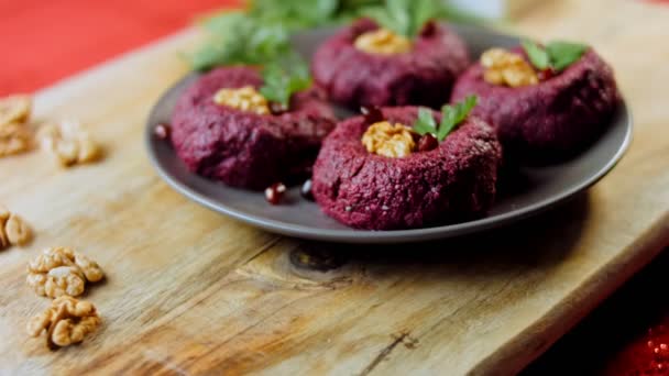 Pkhali Traditional Georgian Food Beetroot Used Purple Color Walnut Used — Stock Video