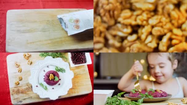 Ekran Podzielony Cztery Filmy Pkhali Tradycyjne Gruzińskie Jedzenie Buraki Używane — Wideo stockowe