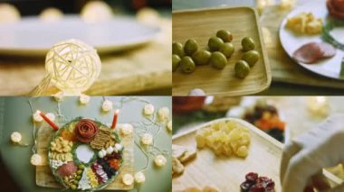 Salamlı Charcuterie tabağının hazırlandığı dört video, farklı peynir çeşitleri. Kurutulmuş meyve, fındık ve bal var. Mum yakarak tatil düzenlemesi.