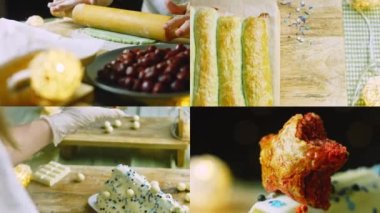 Yeşil hamurlu, ekşi kirazlı ve ekşi kremalı kek hazırlayan dört video. Ayrıca yemek süsü ve kırmızı yıldız pastası da var..