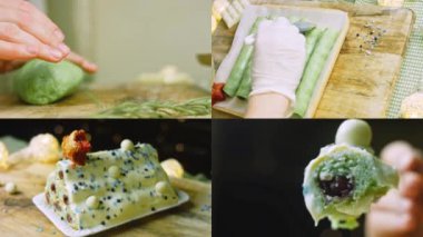 Yeşil hamurlu, ekşi kirazlı ve ekşi kremalı kek hazırlayan dört video. Ayrıca yemek süsü ve kırmızı yıldız pastası da var..