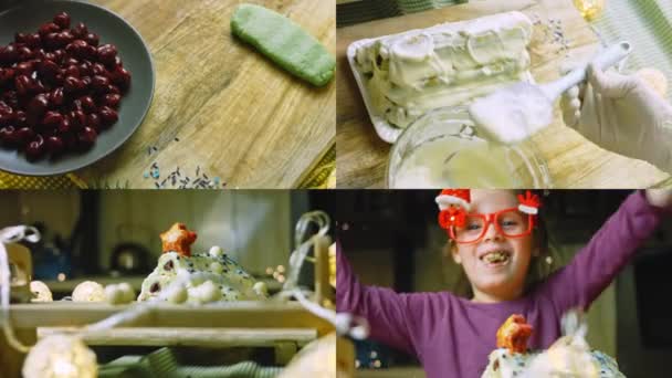 Quatro Vídeos Com Preparação Bolo Com Massa Verde Cerejas Azedas — Vídeo de Stock