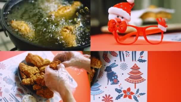 クリスマスキッチンの準備と4つのビデオ 私はフライドチキンを準備します — ストック動画