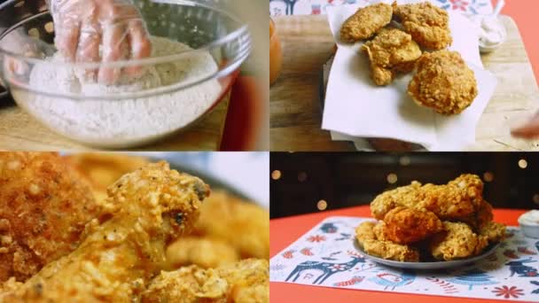 Four Videos Preparation Christmas Kitchen Prepare Fried Chicken — Stock Video