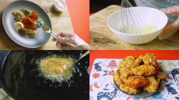 Cuatro Videos Con Preparación Cocina Navidad Preparo Pollo Frito — Vídeo de stock