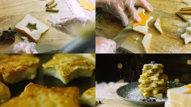 Vier Video Met Voorbereiding Van Franse Toast Kerstboom Vakantie Sfeer — Stockvideo