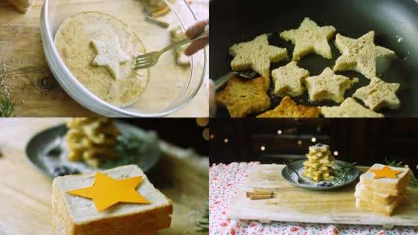 Vier Video Met Voorbereiding Van Franse Toast Kerstboom Vakantie Sfeer — Stockvideo