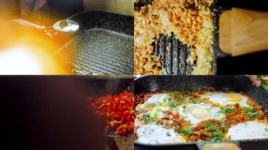 Gürcistan mutfağında kızarmış yumurta hazırlayan dört video, chirbuli. Tavada domatesli yumurta..
