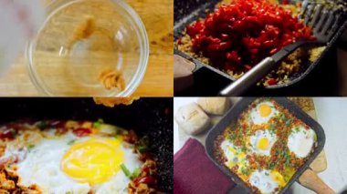 Gürcistan mutfağında kızarmış yumurta hazırlayan dört video, chirbuli. Tavada domatesli yumurta..