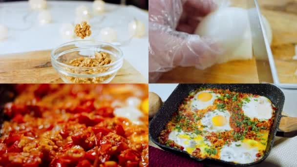 ジョージア料理の目玉焼きの準備と4つのビデオ Chirbuli 鍋にトマト蒸し卵 — ストック動画