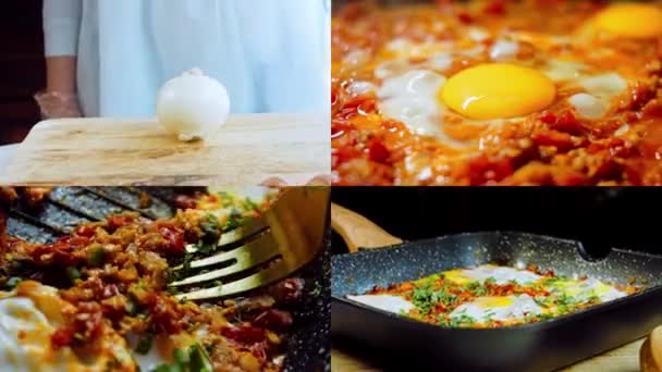 ジョージア料理の目玉焼きの準備と4つのビデオ Chirbuli 鍋にトマト蒸し卵 — ストック動画