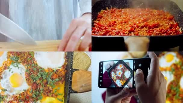 Gürcistan Mutfağında Kızarmış Yumurta Hazırlayan Dört Video Chirbuli Tavada Domatesli — Stok video