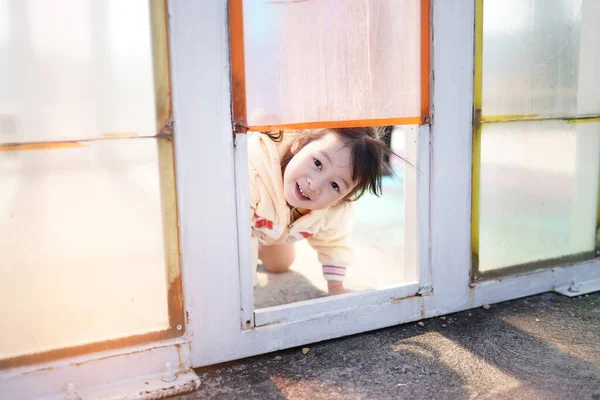 Mignonne Jeune Fille Asiatique Jouer Heureux Regarde Travers Fenêtre Verre — Photo