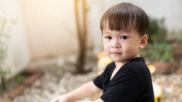 Close Cute Little Asian Boy Smiling Happy Outdoor Baby Face — ストック写真