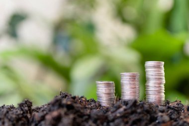 Yeşil doğa geçmişi olan gümüş para yığını. para tasarrufu ve işletme finans kavramı, iş büyümesi ve para geleceği, mali başarı