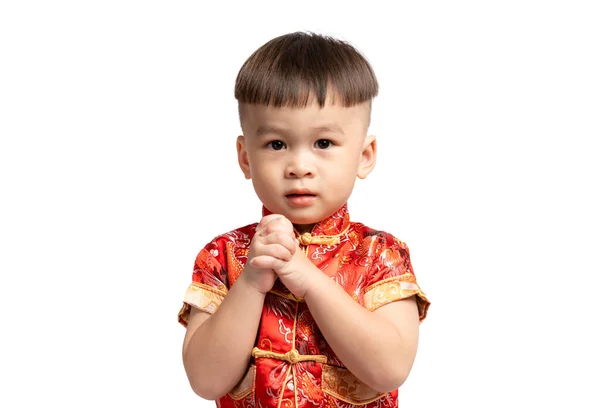 Asian Boy Red Congratulations Gesture Isolated White Background Happy Chinese — ストック写真