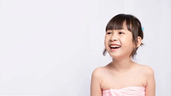 Happy Smiling Asian Young Girl White Background Skin Care Beauty — ストック写真