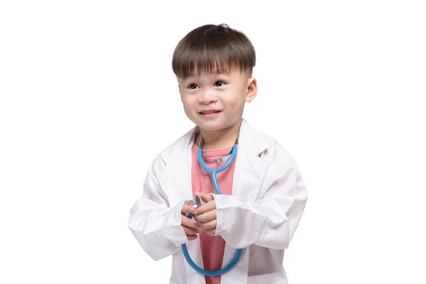 Boy Wearing Doctor Suit Medical Stethoscope White Background Preschool Children — ストック写真