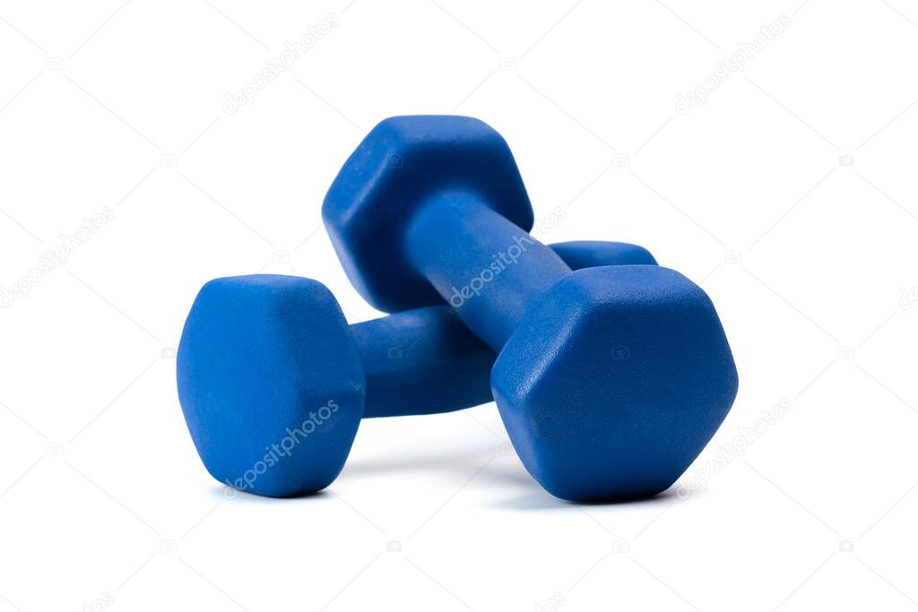 Blue dumbbells weights use for exercise or fitness Isolated on white background