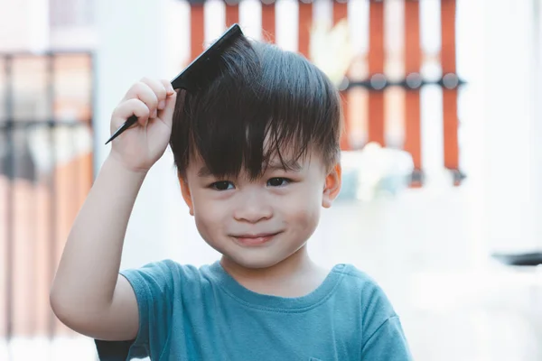 Cute Asian Boy Combing His Hair Home Haircut Boy Barber — Foto de Stock