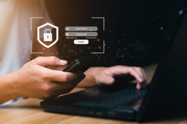 Giriş ve şifre siber güvenlik konsepti Data koruması ve güvenli internet erişimi siber güvenlik. Kullanıcıların kişisel bilgi güvenliği ve şifrelemesine güvenli erişim