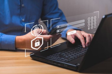 Akıllı telefonlu siber giriş ve şifre kavramı. Veri koruması ve güvenli internet erişimi siber güvenlik. Kullanıcıların kişisel bilgi güvenliği ve şifrelemesine güvenli erişim.