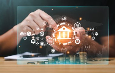 Çevrimiçi bankacılık ve mobil ödemeleri kullanan iş adamları. Dijital pazarlama. Finans ve bankacılık ağı. Çevrimiçi alışveriş ve müşteri ağı bağlantı simgeleri, Siber Güvenlik. İş teknolojisi..