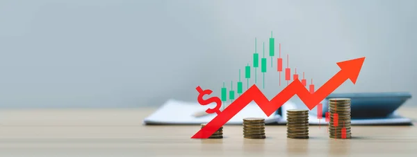 Pile of coins with red arrows showing percentages on the table. The Financial Crisis About Inflation. the concept of higher price inflation and more expensive food. business planning