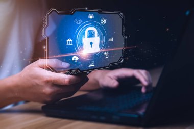 cybersecurity security concept Protecting digital assets from hacks, attacks, implementing strategies. Businessman preventing mobile or computer data hacking. online scammers, denial of service (DDoS)