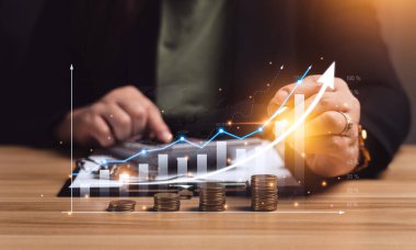 Concept of business growth in finance. Businesswoman calculates income and profit from investments and increases. Positive Growth Indicator with Virtual Hologram Chart Chart. rich,coin,Return,Stocks