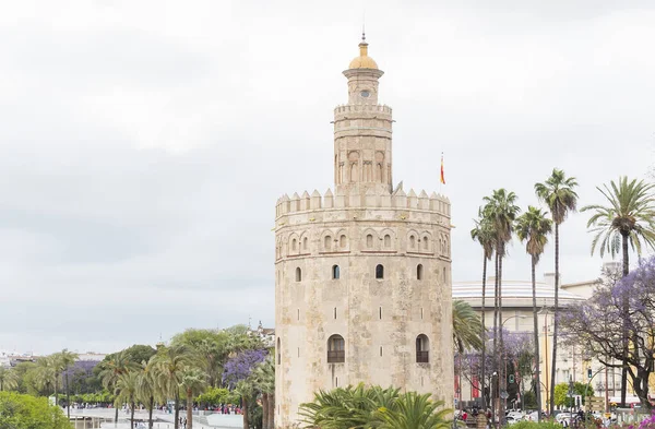 Turysta Torre Del Oro Sewilli Nad Rzeką Guadalquivir Andaluzja Hiszpania — Zdjęcie stockowe