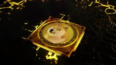 Dijital kripto para birimi Dogecoin teknolojisi akranı merkezsizleştirilmiş para transferi 4k döngüsü alfa kanal matte 3D Canlandırma