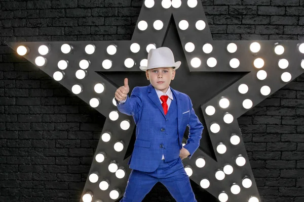 Stylish Boy White Hat Blue Suit Background Bright Star Finger — Stock Photo, Image