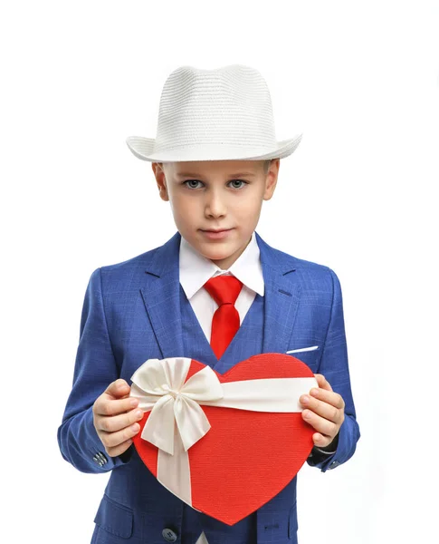 Cute Gentleman Boy Blue Suit Red Tie Red Heart Shaped — Stock Photo, Image