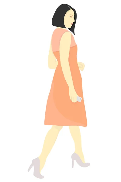 Casual Girl Dress Holding Phone Sideview — Stock Vector