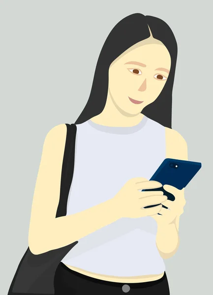 Chica Casual Mensajes Texto Con Teléfono — Vector de stock