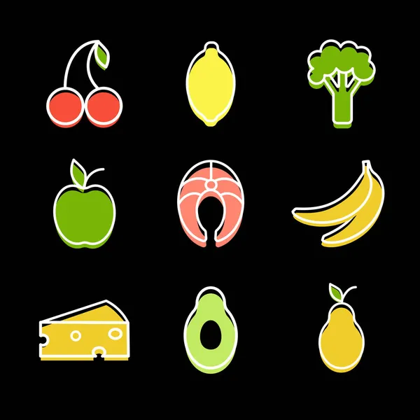 Hälsosam mat ikoner som. Vektorillustration. Linjär stil. Isolerad på svart bakgrund. — Stock vektor