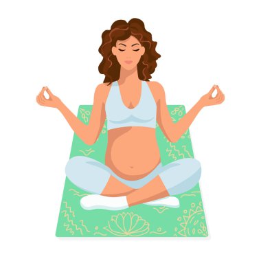  Hamile kadın lotus pozisyonunda oturuyor. Vektör çizimi. Çizgi film tarzı. Yoga, meditasyon..