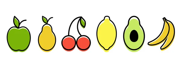 Ícones de frutas. Ilustração vetorial isolada sobre fundo branco. Maçã de limão de banana pêra de cereja de abacate. — Vetor de Stock