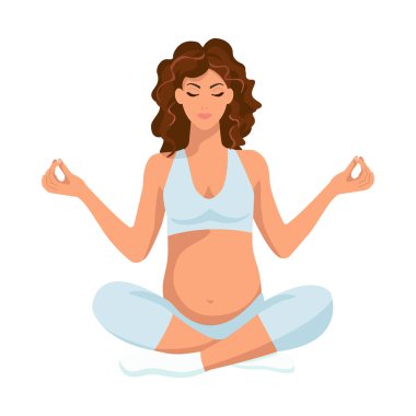 Yoga. Hamile kadın lotus pozisyonunda oturuyor. Vektör çizimi. Çizgi film tarzı. İzole edilmiş beyaz arkaplan.