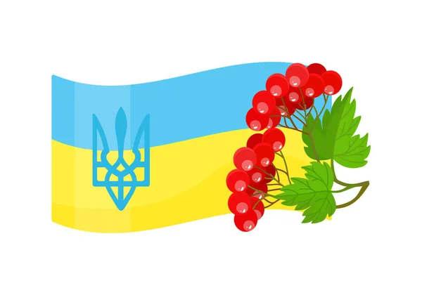 Bandera de Ucrania, tridente, símbolo de Ucrania viburno rojo. Estilo de dibujos animados. Objeto aislado. Icono ilustración vectorial. — Vector de stock
